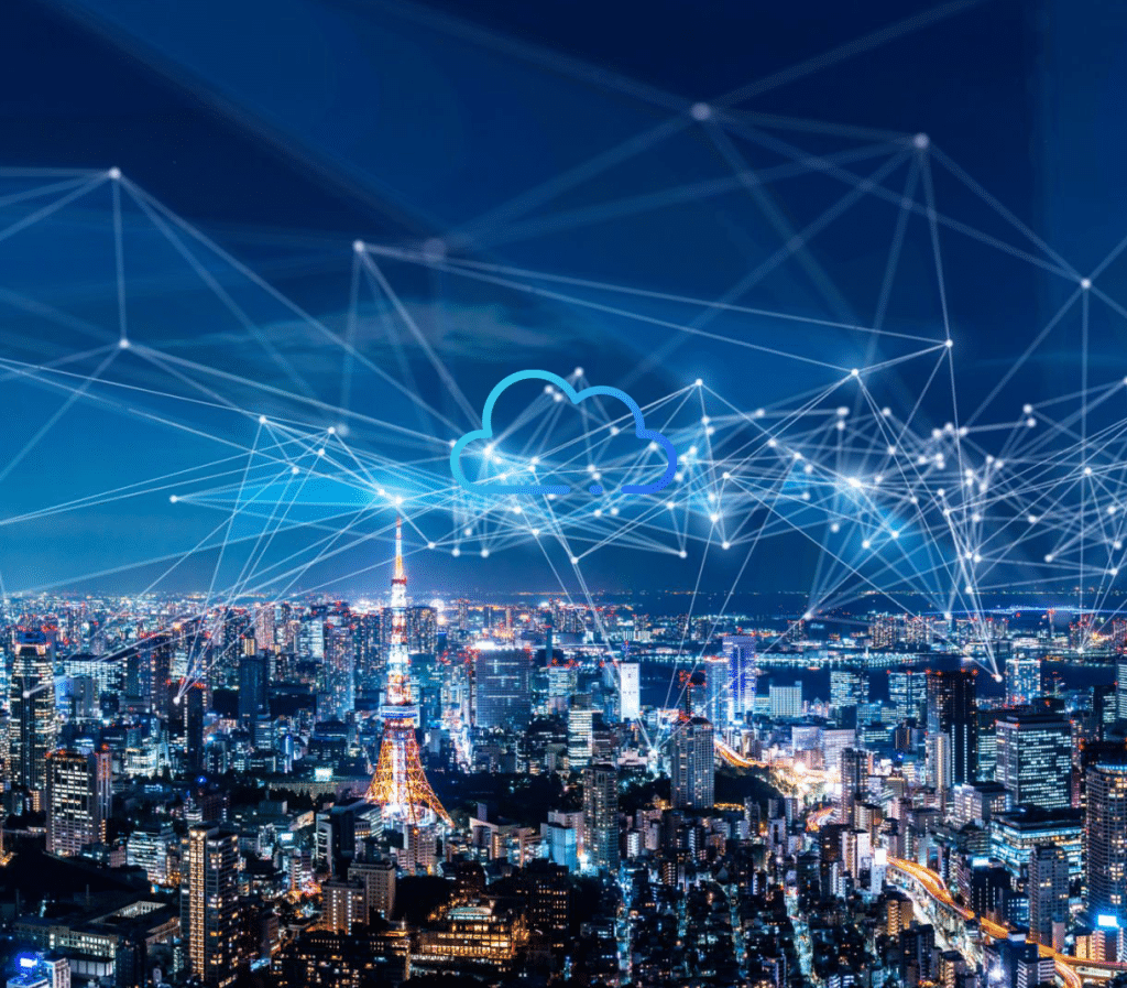 Representation de la batterie virtuelle via un cloud au dessus d'une ville connectée via le réseau éléctrique